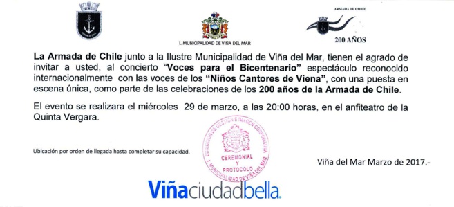 Invitación al concierto "Voces para el Bicentenario" por la Armada de Chile